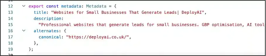 Website metadata code showing page title, meta description, and header structure