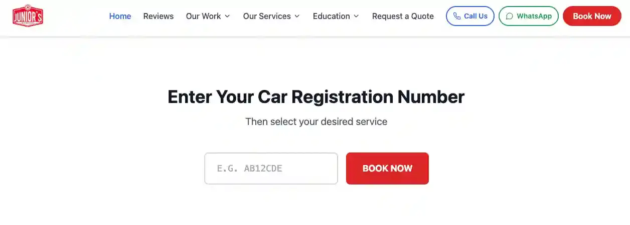 Car garage booking system web app showing vehicle registration lookup and appointment booking