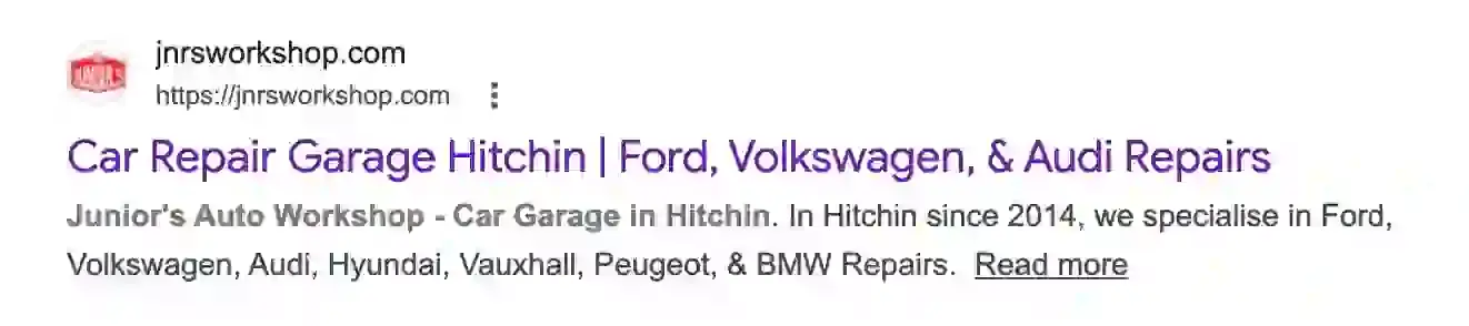 Real example of a page title for Junior's Auto Workshop showing keyword-optimised structure