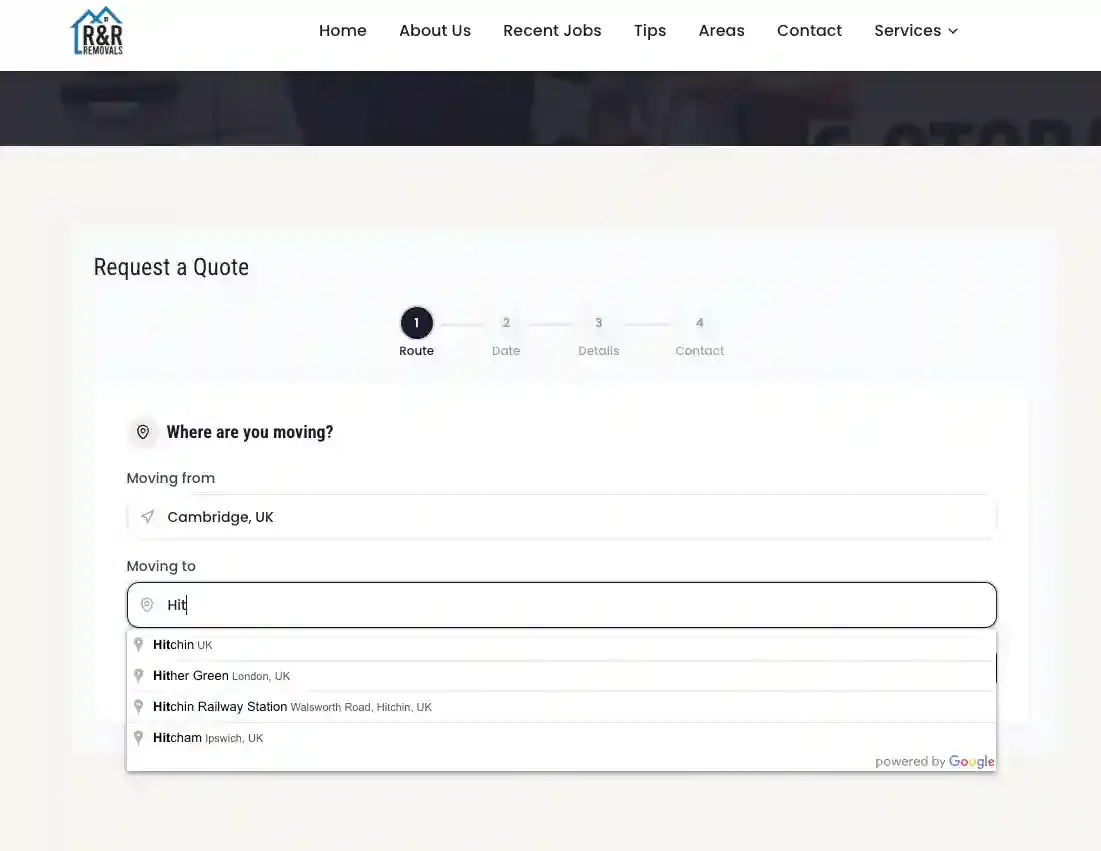 Removal company quote tool web app showing address lookup and distance calculation